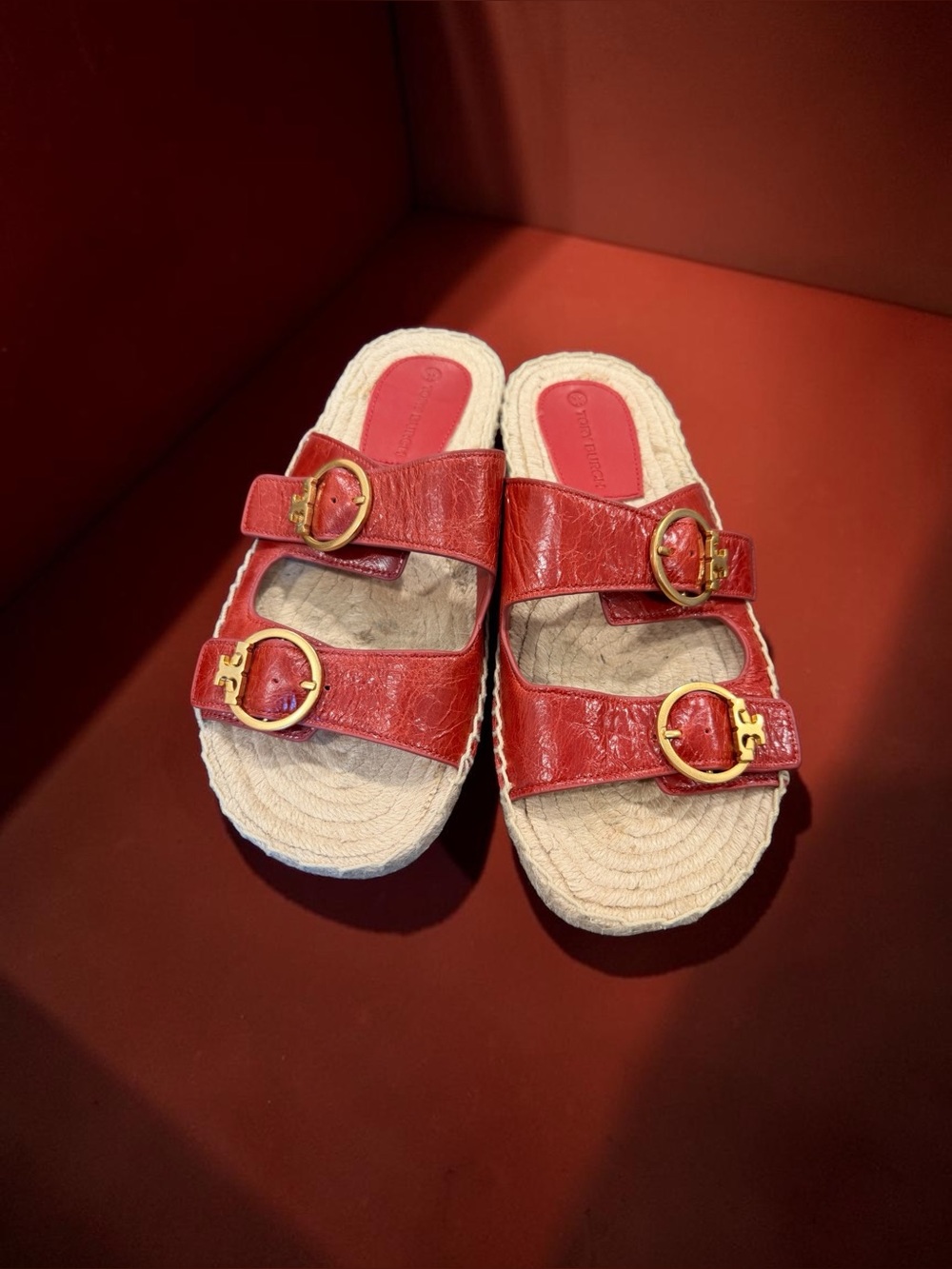 ✨ Tory Burch✨ Selby Two-Band Red Leather Espadrille Slide Sandals – Size 8M